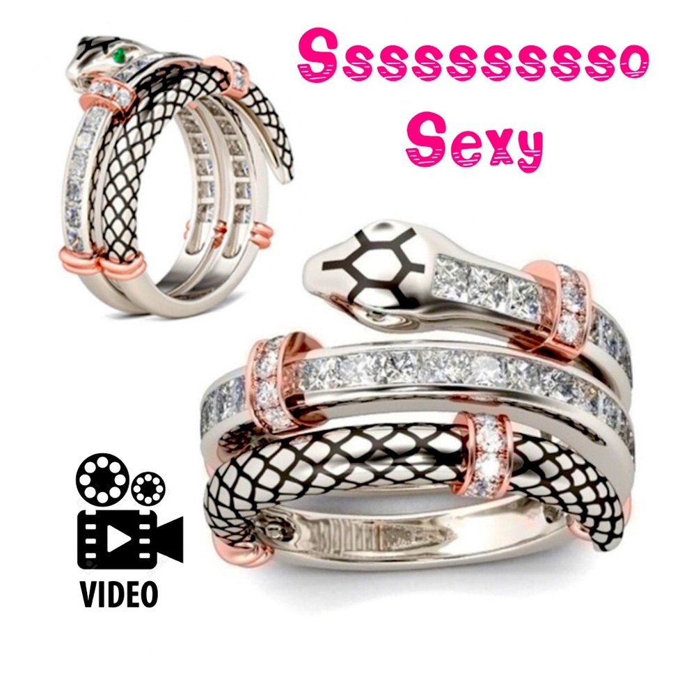 Sterling Silver & Rose Gold snake ring emerald eyes & sapphire accents